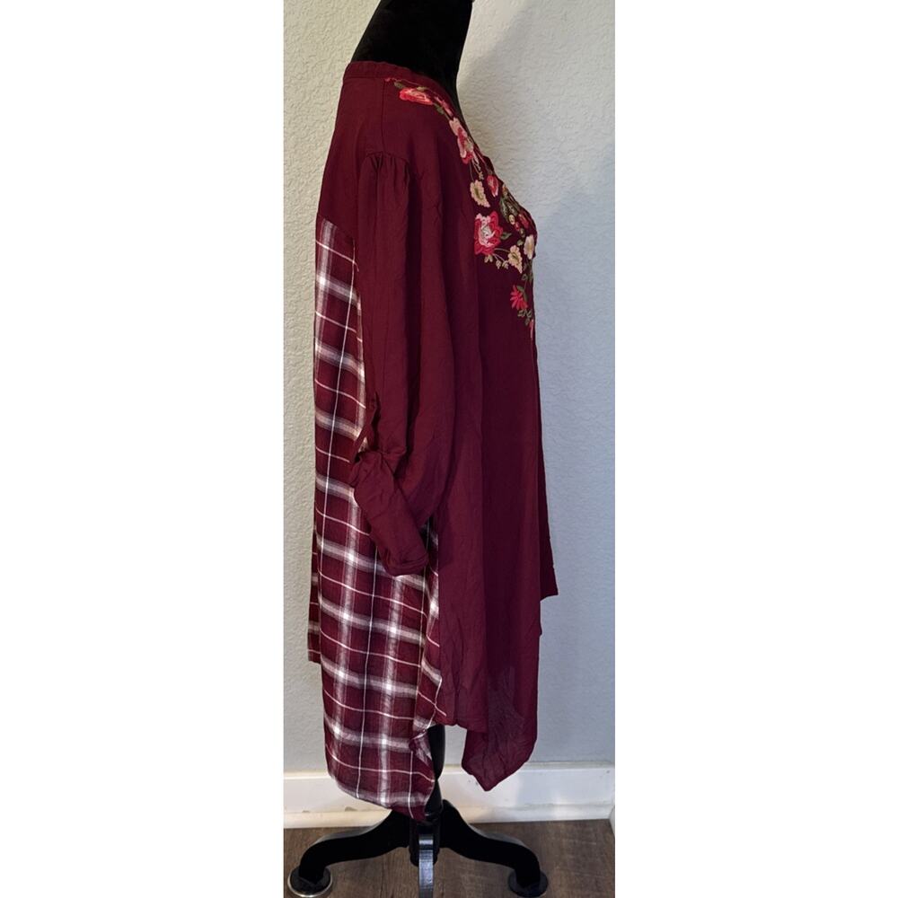 Plaid Floral 1/4 Button Neckline Flowy Asymetrical Hem 3XL Andree Boho Shirt - Picture 2 of 7